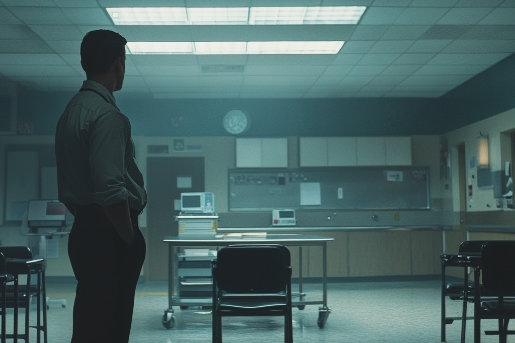 An AI EMS instructor observes an empty classroom.